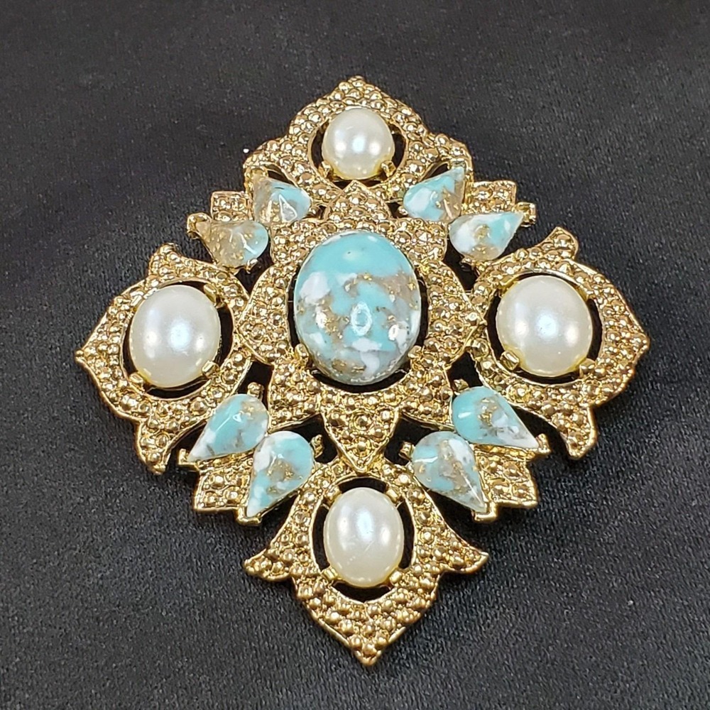 Vintage Sarah Coventry Brooch Pendant Gold With Faux Pearl & Turquoise Stones - Picture 7 of 12